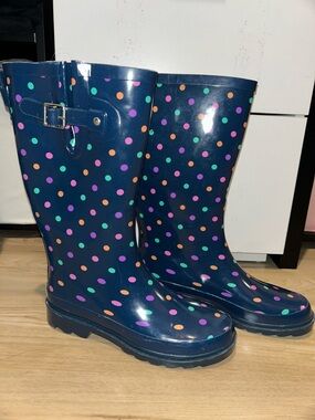 Western Chief Navy Polka Dot Kids Rain Boots